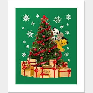 Sooty Christmas Characters Peeking Around Xmas Tree Posters and Art